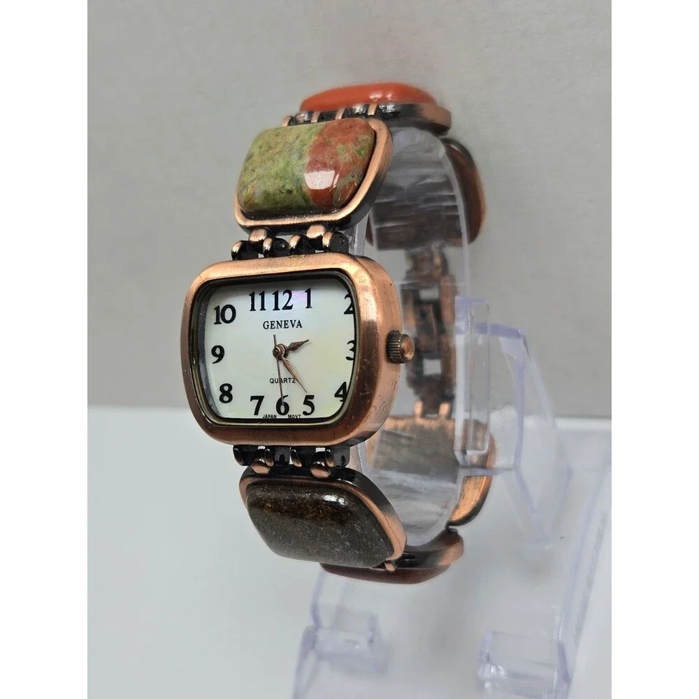 Womens Geneva Quartz Copper Tone Multicolor Cabochon Bracelet Watch New Battery